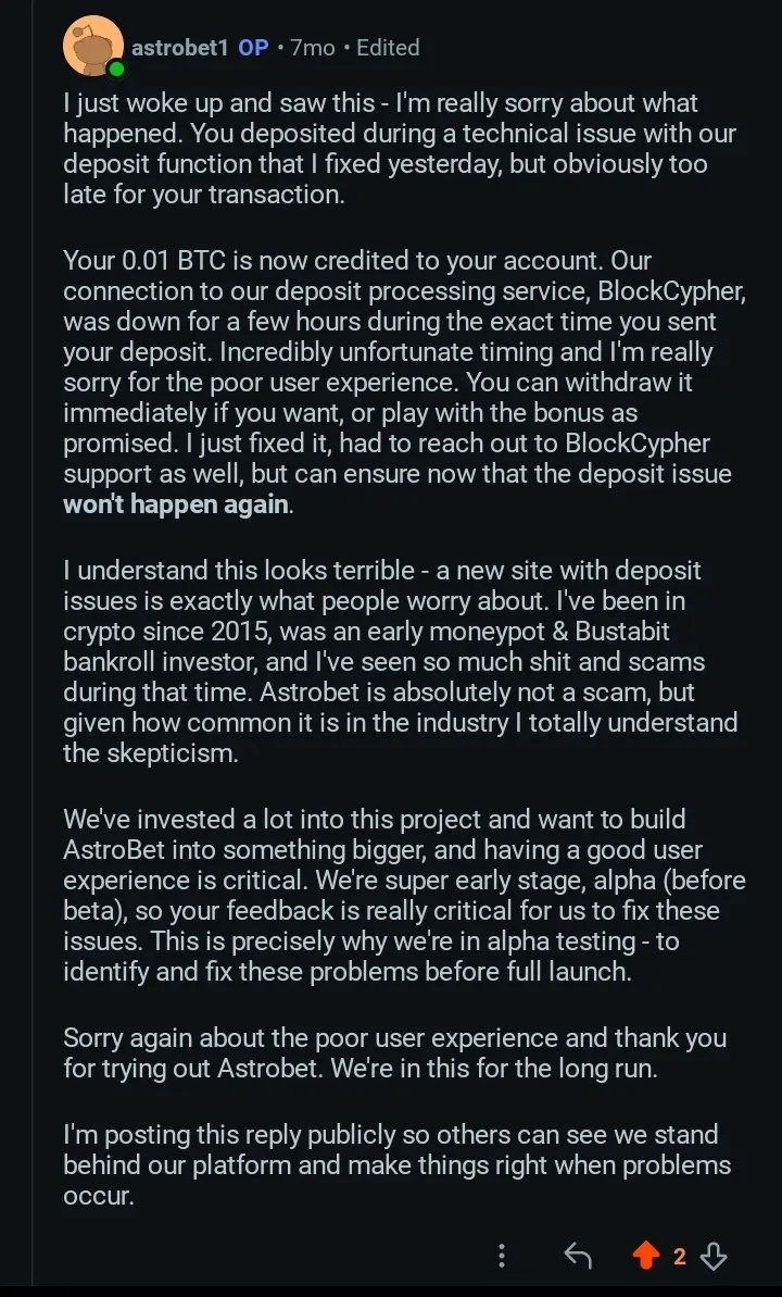 Reddit thread about AstroBet withdrawal issue